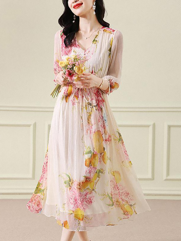 Rochie lungă cu bandaj cu decolteu în V din mătase florală de vară pentru femei, rochie de plajă, ocazională, elegantă, 2024, rochie de seară șic de vacanță de modă coreeană