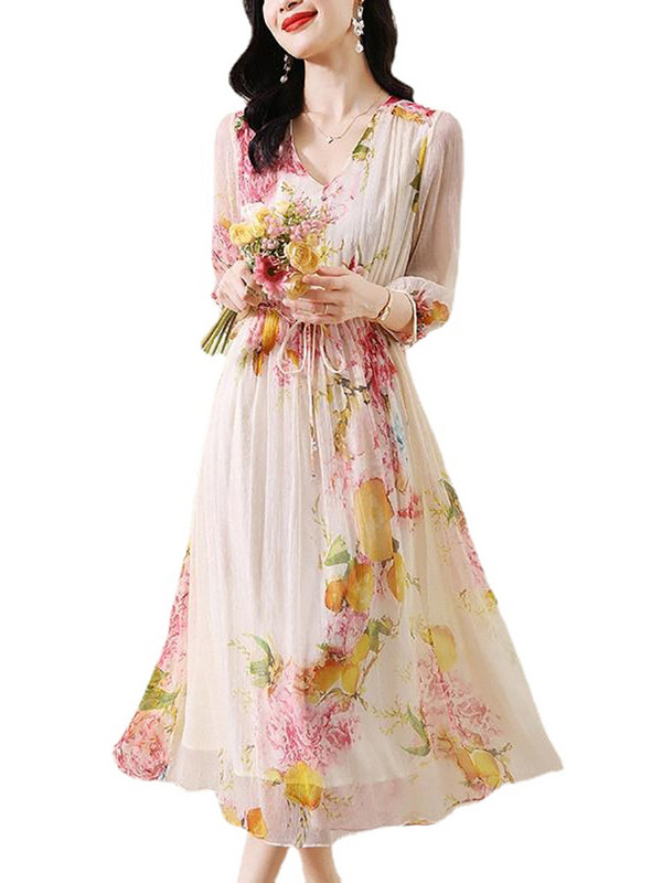 Rochie lungă cu bandaj cu decolteu în V din mătase florală de vară pentru femei, rochie de plajă, ocazională, elegantă, 2024, rochie de seară șic de vacanță de modă coreeană
