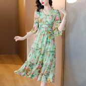 Rochie de vară cu imprimeu de plajă 2024 pentru femei, elegantă, cu decolteu în V, din șifon, rochie lungă, rochii elegante pentru femei, rochii de petrecere pentru femei.