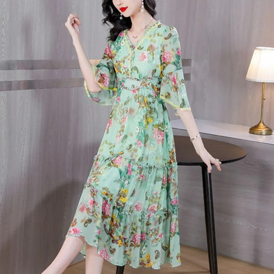 Rochie de vară cu imprimeu de plajă 2024 pentru femei, elegantă, cu decolteu în V, din șifon, rochie lungă, rochii elegante pentru femei, rochii de petrecere pentru femei.