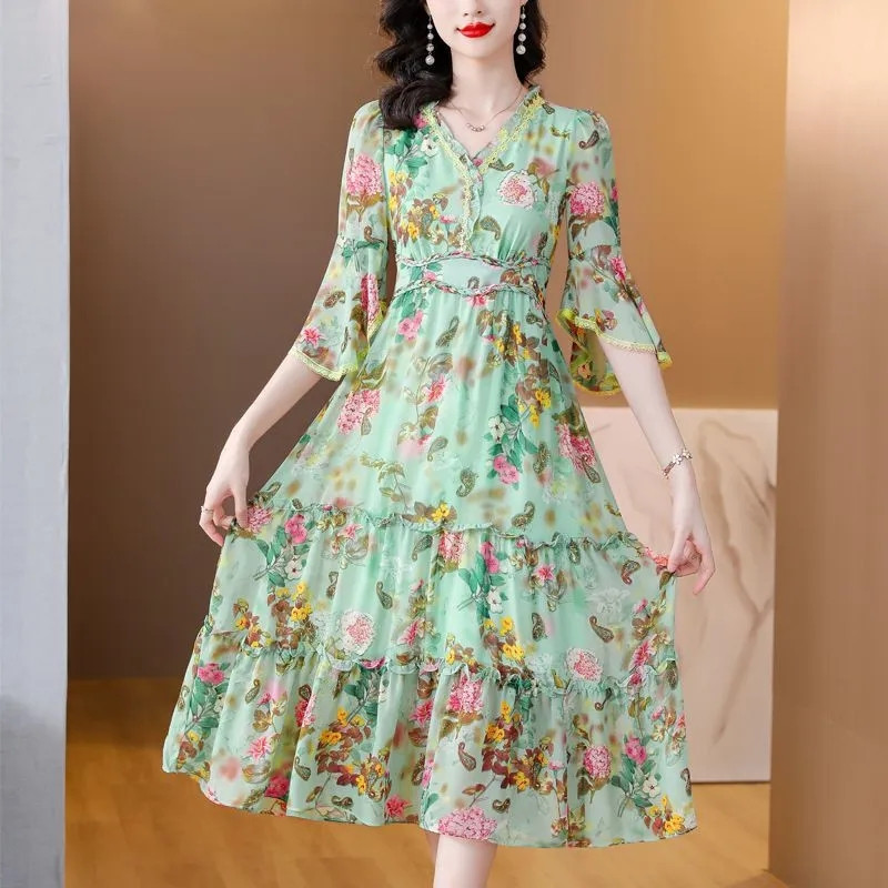 Rochie de vară cu imprimeu de plajă 2024 pentru femei, elegantă, cu decolteu în V, din șifon, rochie lungă, rochii elegante pentru femei, rochii de petrecere pentru femei.