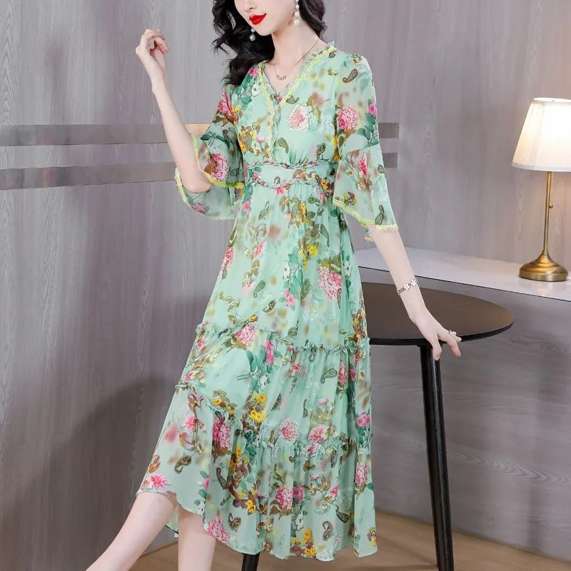 Rochie de vară cu imprimeu de plajă 2024 pentru femei, elegantă, cu decolteu în V, din șifon, rochie lungă, rochii elegante pentru femei, rochii de petrecere pentru femei.