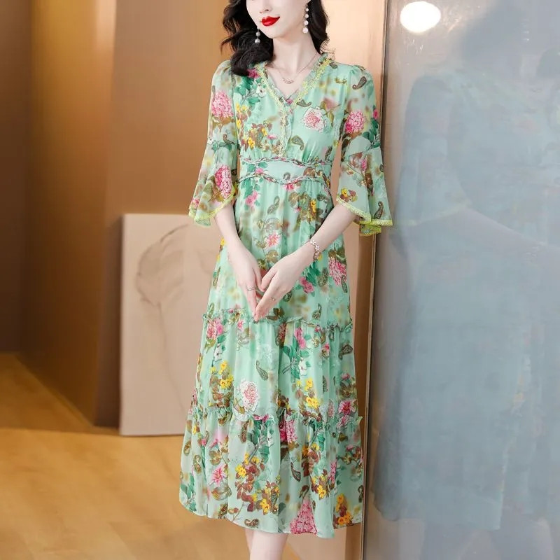 Rochie de vară cu imprimeu de plajă 2024 pentru femei, elegantă, cu decolteu în V, din șifon, rochie lungă, rochii elegante pentru femei, rochii de petrecere pentru femei.