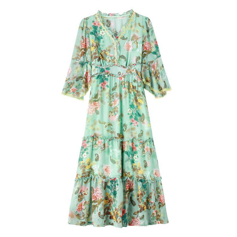 Rochie de vară cu imprimeu de plajă 2024 pentru femei, elegantă, cu decolteu în V, din șifon, rochie lungă, rochii elegante pentru femei, rochii de petrecere pentru femei.