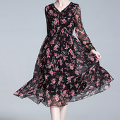 EVNISI Γυναικεία Φορέματα Γραφείου με λαιμόκοψη σε V λαιμόκοψη Φορέματα από φυσικό μετάξι Κομψό Φόρεμα σιφόν με floral εκτύπωση Chic Lace Up Fairy Vestido Γυναικεία καλοκαίρι