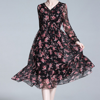 EVNISI Rochii de mătase naturală de birou pentru femei cu decolteu în V Rochie din șifon elegantă cu imprimare florală Rochie șic cu dantelă din zână pentru femei