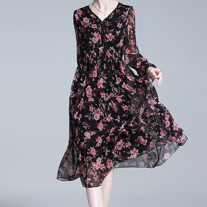 EVNISI Γυναικεία Φορέματα Γραφείου με λαιμόκοψη σε V λαιμόκοψη Φορέματα από φυσικό μετάξι Κομψό Φόρεμα σιφόν με floral εκτύπωση Chic Lace Up Fairy Vestido Γυναικεία καλοκαίρι