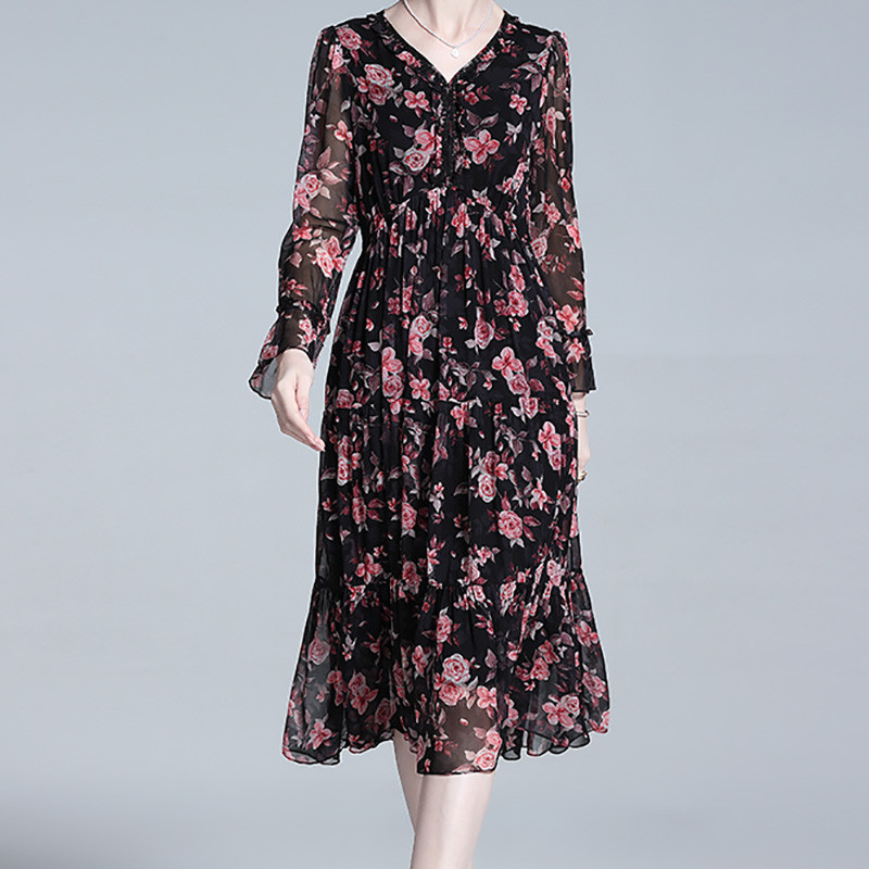 EVNISI Γυναικεία Φορέματα Γραφείου με λαιμόκοψη σε V λαιμόκοψη Φορέματα από φυσικό μετάξι Κομψό Φόρεμα σιφόν με floral εκτύπωση Chic Lace Up Fairy Vestido Γυναικεία καλοκαίρι