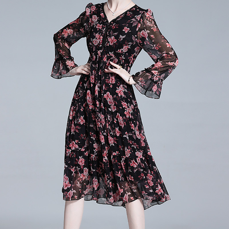 EVNISI Γυναικεία Φορέματα Γραφείου με λαιμόκοψη σε V λαιμόκοψη Φορέματα από φυσικό μετάξι Κομψό Φόρεμα σιφόν με floral εκτύπωση Chic Lace Up Fairy Vestido Γυναικεία καλοκαίρι