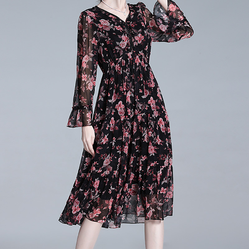 EVNISI Γυναικεία Φορέματα Γραφείου με λαιμόκοψη σε V λαιμόκοψη Φορέματα από φυσικό μετάξι Κομψό Φόρεμα σιφόν με floral εκτύπωση Chic Lace Up Fairy Vestido Γυναικεία καλοκαίρι