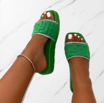 нови дамски летни нови прости чехли с кристали с квадратна глава дамски плажни чехли/сандали с голямо дебело дъно
