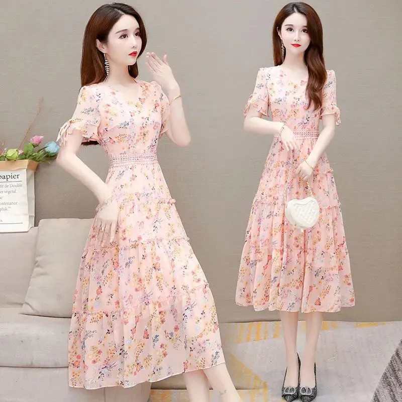 Γυναικείο καλοκαιρινό φόρεμα με λουλούδια 2023 Νέο γαλλικό μακρύ φόρεμα τούρτας με V λαιμόκοψη Γυναικείο κοντό μανίκι μακρύ φόρεμα σιφόν Vestidos 4XL