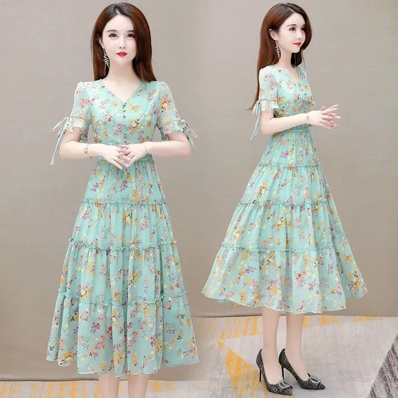 Γυναικείο καλοκαιρινό φόρεμα με λουλούδια 2023 Νέο γαλλικό μακρύ φόρεμα τούρτας με V λαιμόκοψη Γυναικείο κοντό μανίκι μακρύ φόρεμα σιφόν Vestidos 4XL