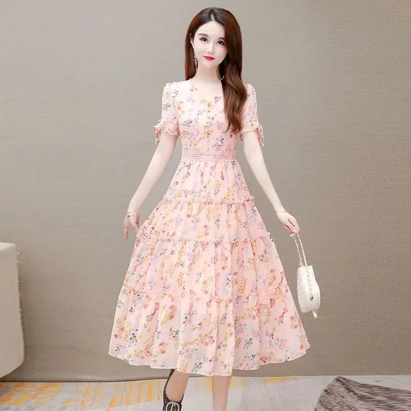 Γυναικείο καλοκαιρινό φόρεμα με λουλούδια 2023 Νέο γαλλικό μακρύ φόρεμα τούρτας με V λαιμόκοψη Γυναικείο κοντό μανίκι μακρύ φόρεμα σιφόν Vestidos 4XL