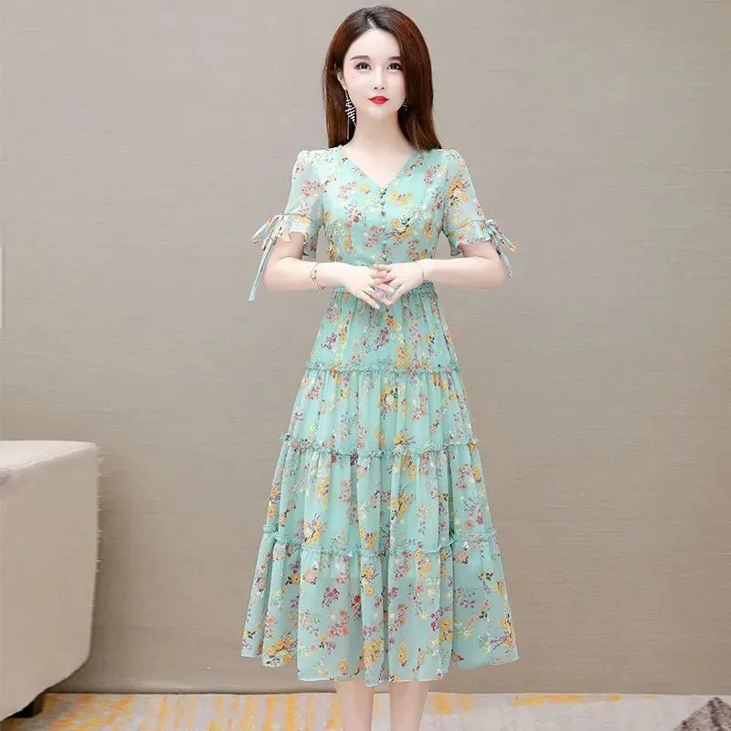 Γυναικείο καλοκαιρινό φόρεμα με λουλούδια 2023 Νέο γαλλικό μακρύ φόρεμα τούρτας με V λαιμόκοψη Γυναικείο κοντό μανίκι μακρύ φόρεμα σιφόν Vestidos 4XL