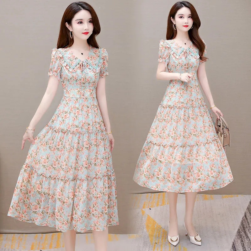 2023 rochii noi de vară pentru femei, stil boem, guler de păpușă, rochie lungă din șifon, subțire, elegante, rochii de petrecere pentru doamne Rochii 4XL