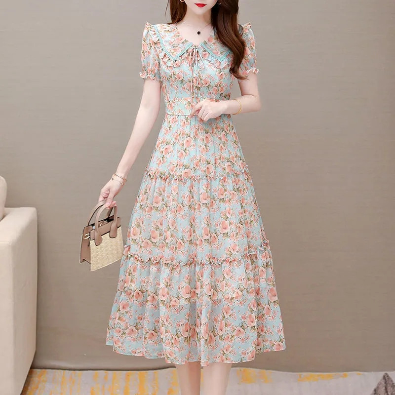 2023 rochii noi de vară pentru femei, stil boem, guler de păpușă, rochie lungă din șifon, subțire, elegante, rochii de petrecere pentru doamne Rochii 4XL