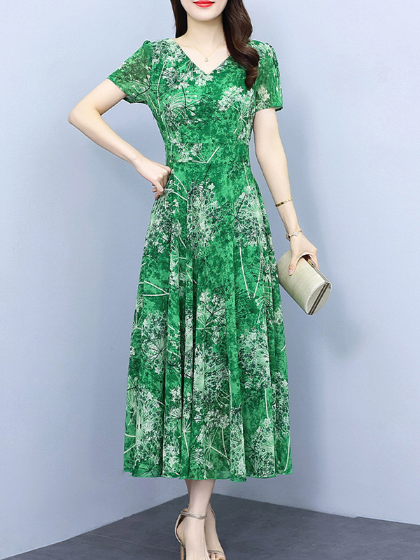 Κομψό κοντομάνικο γυναικείο φόρεμα παραλίας Καλοκαίρι 2024 Νέα περιστασιακά μακριά φορέματα πράσινου σιφόν για φλοράλ μόδας κομψά τουνίκ