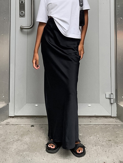 MiuKoMiYa satenske duge suknje visokog struka za žene crne jednobojne ljubičaste maksi suknje ženske imitacije svilenog satena sive