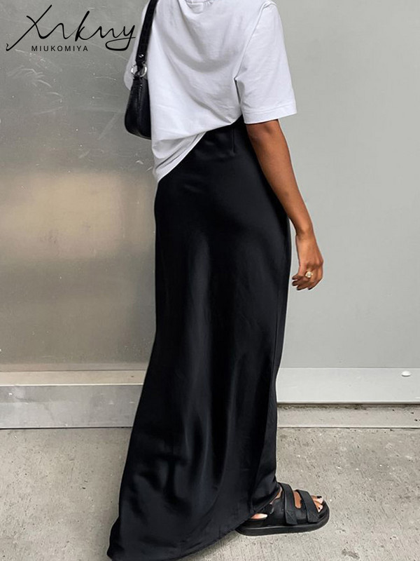 MiuKoMiYa satenske duge suknje visokog struka za žene crne jednobojne ljubičaste maksi suknje ženske imitacije svilenog satena sive