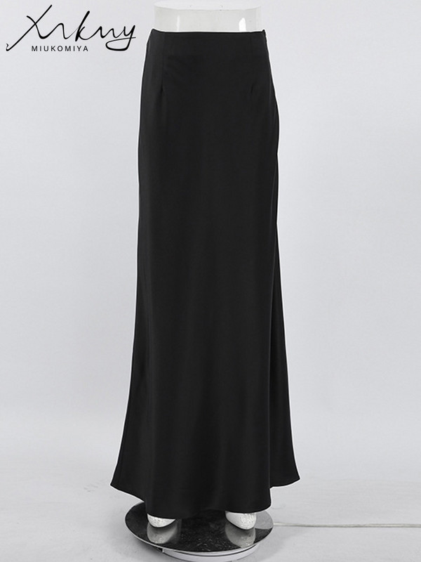MiuKoMiYa satenske duge suknje visokog struka za žene crne jednobojne ljubičaste maksi suknje ženske imitacije svilenog satena sive