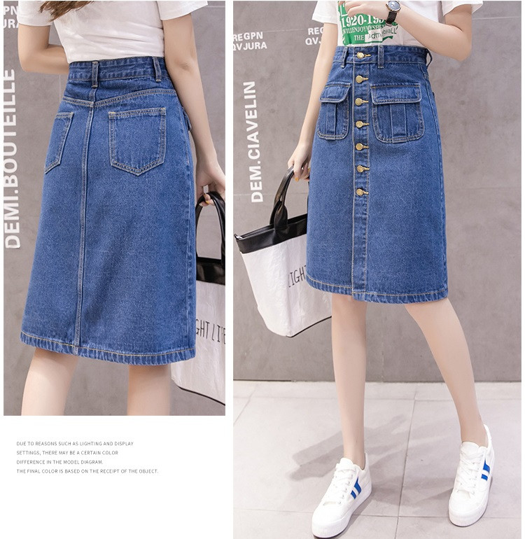 Fusta lungă din denim de vară pentru femei Fuste cu un singur piept cu talie înaltă, subțire, pentru femei, cu buzunar Causal, sexy, fustă midi Fuste despicate în față