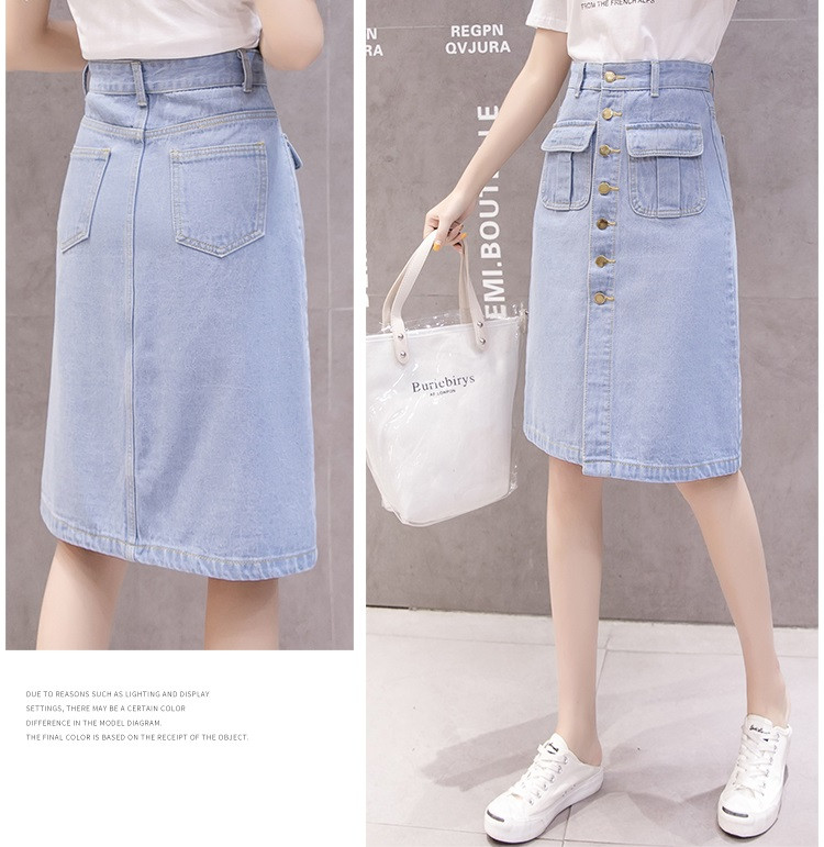 Fusta lungă din denim de vară pentru femei Fuste cu un singur piept cu talie înaltă, subțire, pentru femei, cu buzunar Causal, sexy, fustă midi Fuste despicate în față