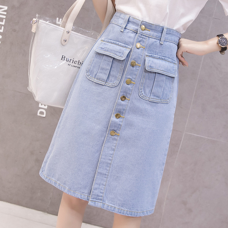 Fusta lungă din denim de vară pentru femei Fuste cu un singur piept cu talie înaltă, subțire, pentru femei, cu buzunar Causal, sexy, fustă midi Fuste despicate în față