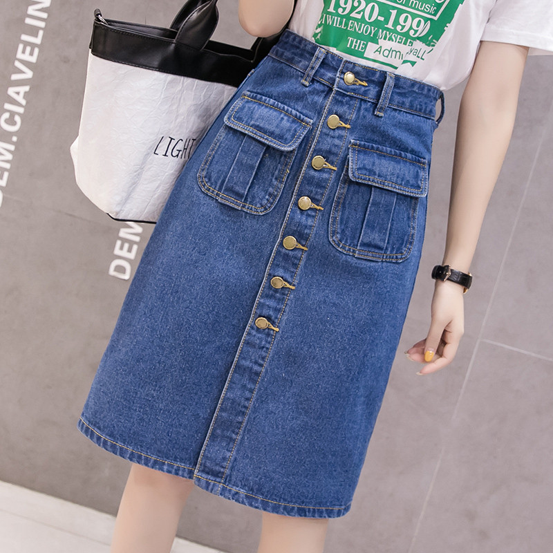 Fusta lungă din denim de vară pentru femei Fuste cu un singur piept cu talie înaltă, subțire, pentru femei, cu buzunar Causal, sexy, fustă midi Fuste despicate în față