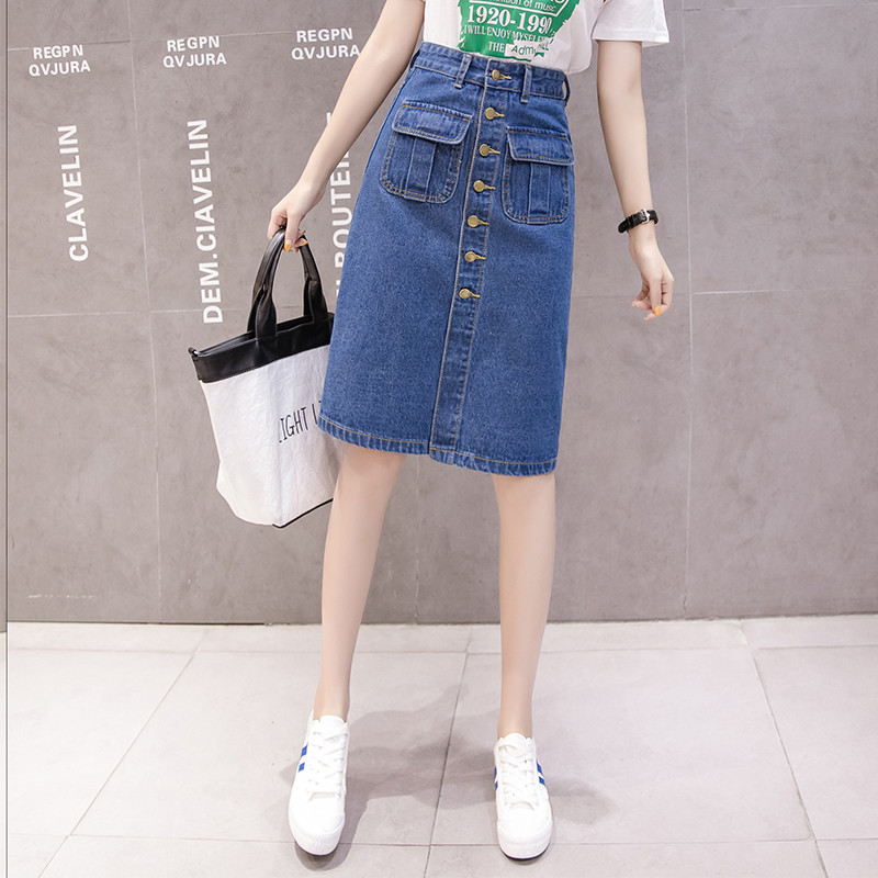 Fusta lungă din denim de vară pentru femei Fuste cu un singur piept cu talie înaltă, subțire, pentru femei, cu buzunar Causal, sexy, fustă midi Fuste despicate în față