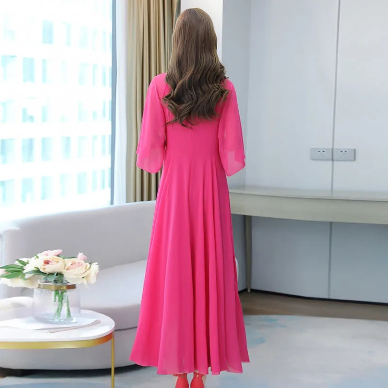 Rochii maxi din șifon pentru femei, ocazional de vacanță, pentru plajă, rochie de soare solidă, de vară, 2024, rochie de seară de petrecere elegantă, rochii