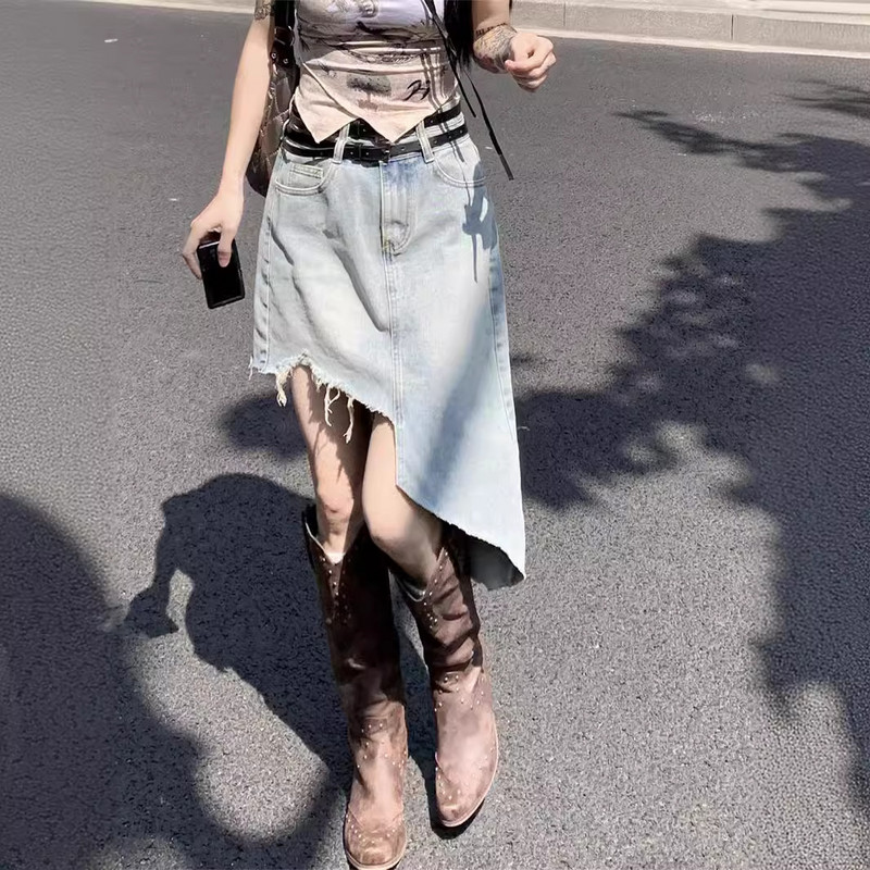 Fusta de blugi cu volane cu talie înaltă pentru femei 24 de vară Lungime medie de slăbit cu talie dublă Fusta neregulată în formă de A