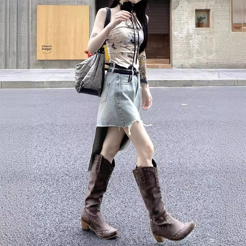 Fusta de blugi cu volane cu talie înaltă pentru femei 24 de vară Lungime medie de slăbit cu talie dublă Fusta neregulată în formă de A