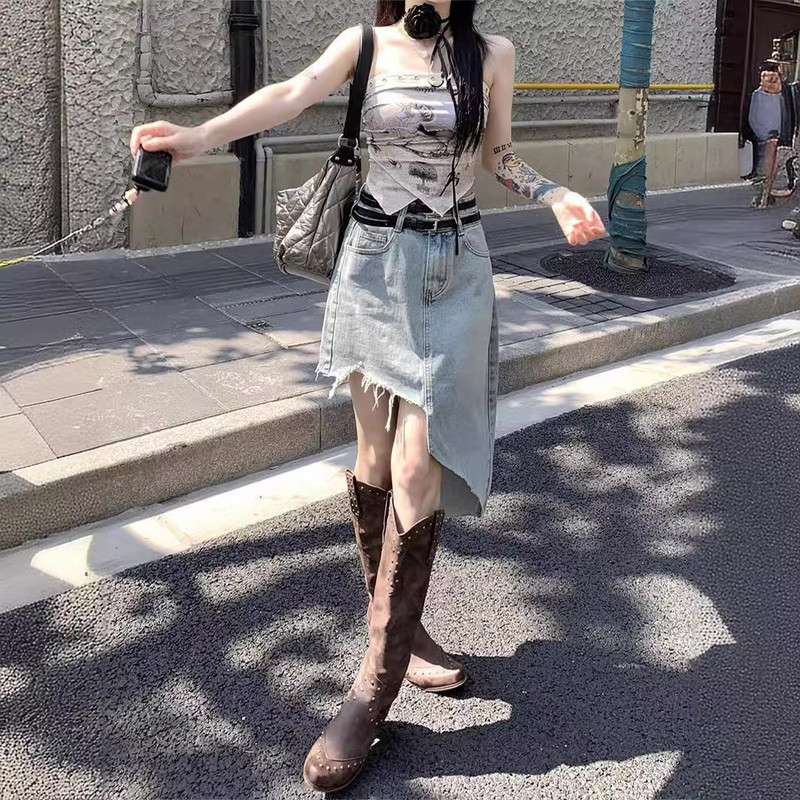 Fusta de blugi cu volane cu talie înaltă pentru femei 24 de vară Lungime medie de slăbit cu talie dublă Fusta neregulată în formă de A