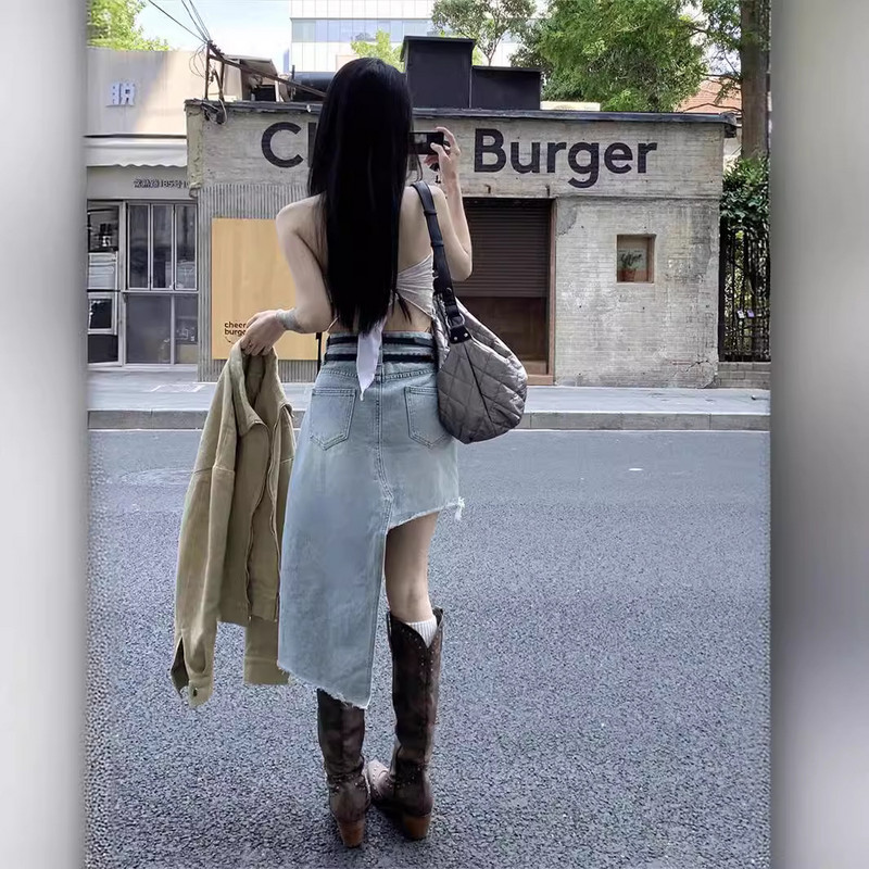 Fusta de blugi cu volane cu talie înaltă pentru femei 24 de vară Lungime medie de slăbit cu talie dublă Fusta neregulată în formă de A