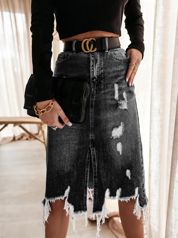 Νέο 2024 Τζιν μακριά φούστα Άνοιξη Καλοκαίρι Γυναικεία ψηλόμεση μίντι φούστα κορεατικής μόδας τζιν φούστα με τρύπα