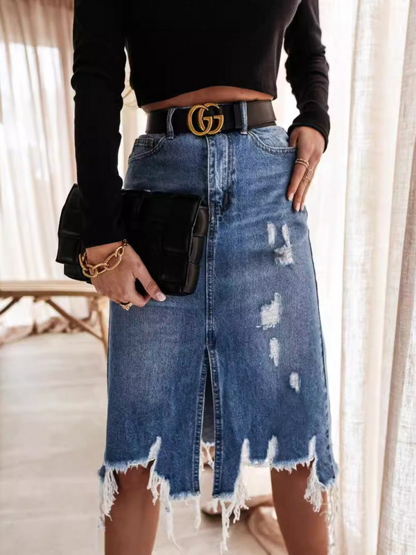 Νέο 2024 Τζιν μακριά φούστα Άνοιξη Καλοκαίρι Γυναικεία ψηλόμεση μίντι φούστα κορεατικής μόδας τζιν φούστα με τρύπα