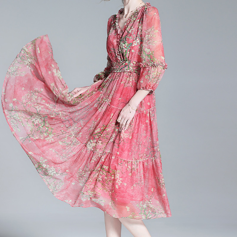 EVNISI Γυναικείο φόρεμα σιφόν γραφείου Boho με V λαιμόκοψη Κομψό φλοράλ στάμπα Φορέματα Νεράιδα σε Α γραμμή Chic Party Vestido για Γυναικεία Καλοκαίρι