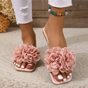 Дамски плоски чехли на цветя 2023 Лято Обувки с големи размери Нови обувки с пързалки с квадратни пръсти за жени Ежедневни дамски сандали на открито