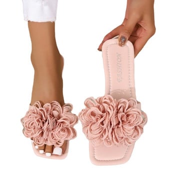 Дамски плоски чехли на цветя 2023 Лято Обувки с големи размери Нови обувки с пързалки с квадратни пръсти за жени Ежедневни дамски сандали на открито