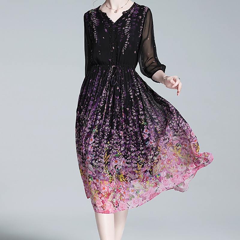 EVNISI Naiste Elegantne Lilleprinteriga šifoonkleit V-kaelusega Lantern Varrukas Naturaalsest siidist Kontorikleidid Suvised Naiste Haldjas Vestido