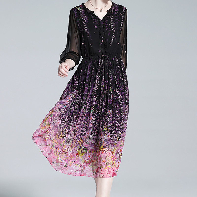 EVNISI Naiste Elegantne Lilleprinteriga šifoonkleit V-kaelusega Lantern Varrukas Naturaalsest siidist Kontorikleidid Suvised Naiste Haldjas Vestido