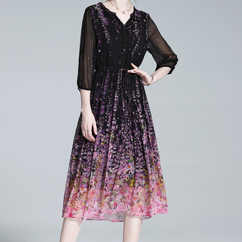 EVNISI Naiste Elegantne Lilleprinteriga šifoonkleit V-kaelusega Lantern Varrukas Naturaalsest siidist Kontorikleidid Suvised Naiste Haldjas Vestido