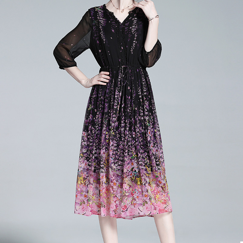 EVNISI Naiste Elegantne Lilleprinteriga šifoonkleit V-kaelusega Lantern Varrukas Naturaalsest siidist Kontorikleidid Suvised Naiste Haldjas Vestido