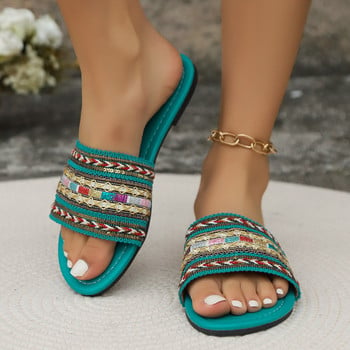 Тъкани чехли в бохемски стил Дамски 2024 Нова мода Плоски сандали Европа Америка Ваканция на открито Плаж Ежедневни обувки Леки
