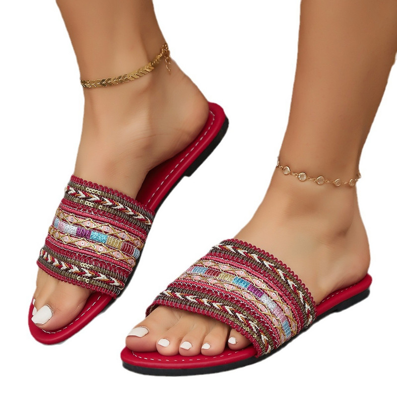 Γυναικείες παντόφλες υφασμένες σε στυλ μποέμ 2024 Νέα μοντέρνα φλατ σανδάλια Ευρώπη Αμερική Υπαίθρια διακοπές στην παραλία Casual παπούτσια Ελαφρύ