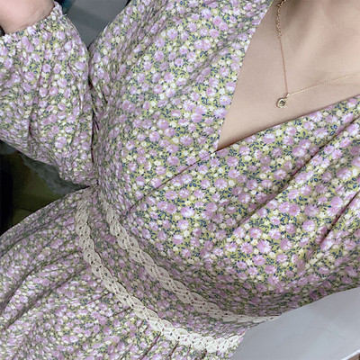 Γαλλικά λουλουδάτα φορέματα για γυναίκες Καλοκαιρινό σιφόν με λαιμόκοψη ριπέ μανίκι A-LINE Slim φόρεμα Γλυκό κομψό, καθημερινό φόρεμα παραλίας