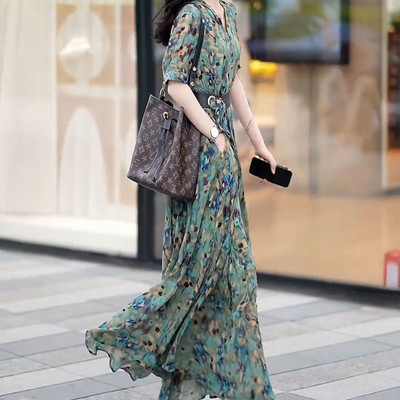 Nova Ljeto 2024. Ženska elegantna spojena duga haljina s V-izrezom s otisnutim rukavima i kratkim rukavima, modna uska šik prikladna duga haljina za odmor