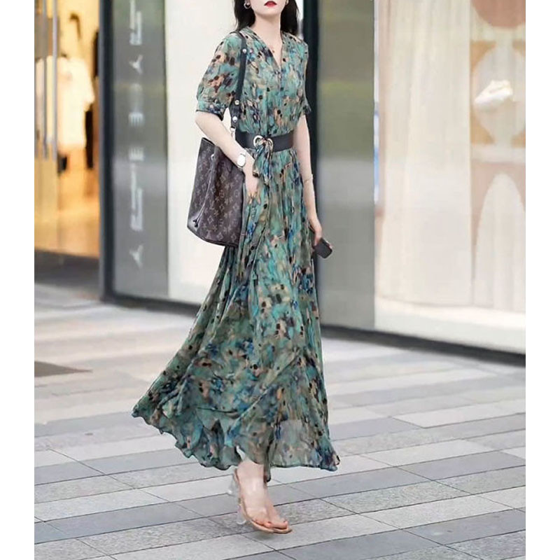 Nova Ljeto 2024. Ženska elegantna spojena duga haljina s V-izrezom s otisnutim rukavima i kratkim rukavima, modna uska šik prikladna duga haljina za odmor