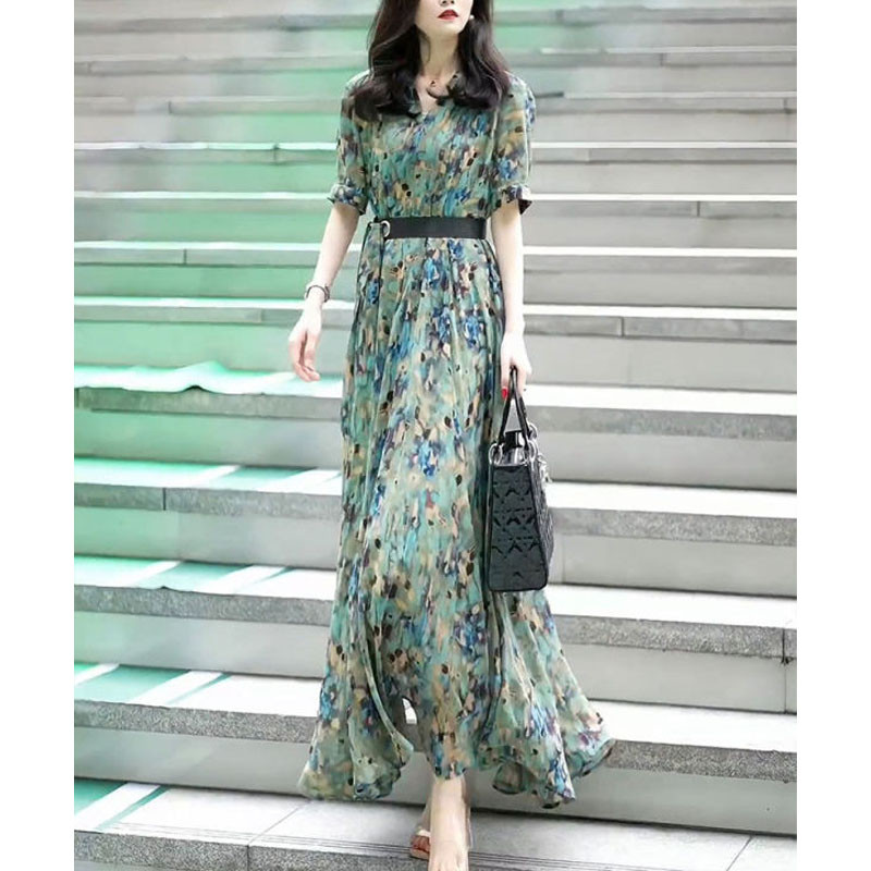 Nova Ljeto 2024. Ženska elegantna spojena duga haljina s V-izrezom s otisnutim rukavima i kratkim rukavima, modna uska šik prikladna duga haljina za odmor